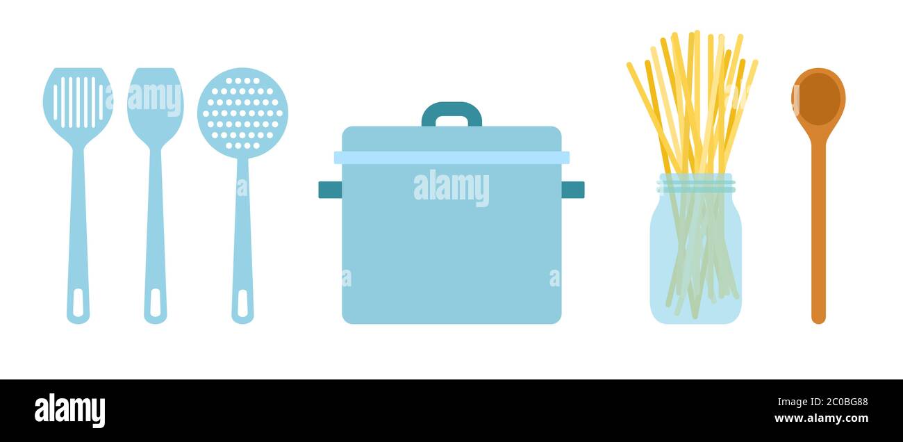 Set utensil for cooking spaghetti vector flat illustration. Stock Vector
