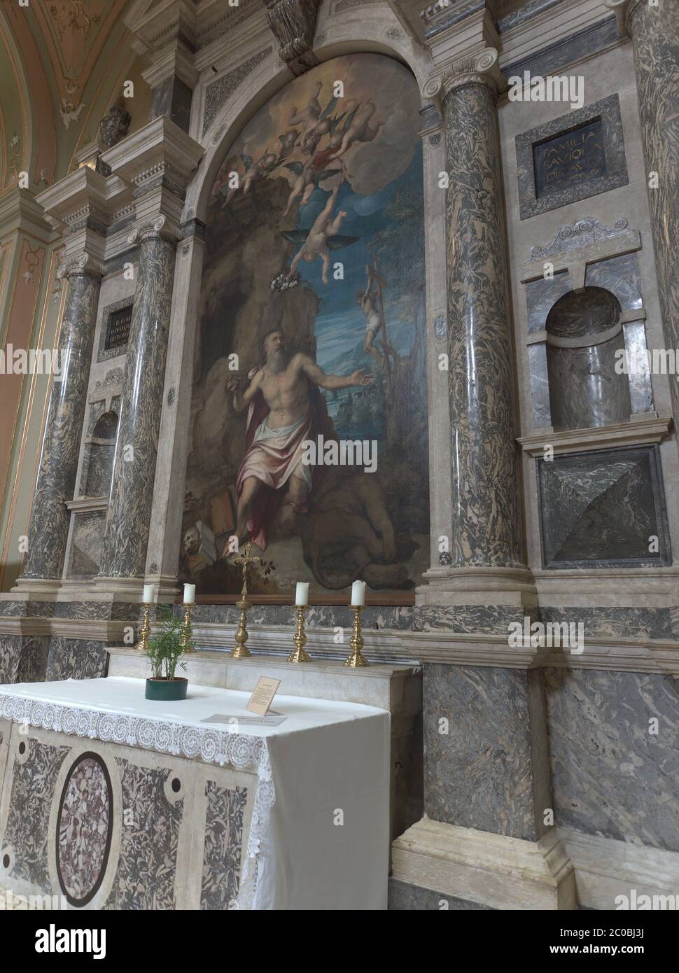 Rovereto Trentino Alto Adige Italia. Interior of Chiesa di San Marco, (church of Saint Mark). San Girolamo altar. Stock Photo