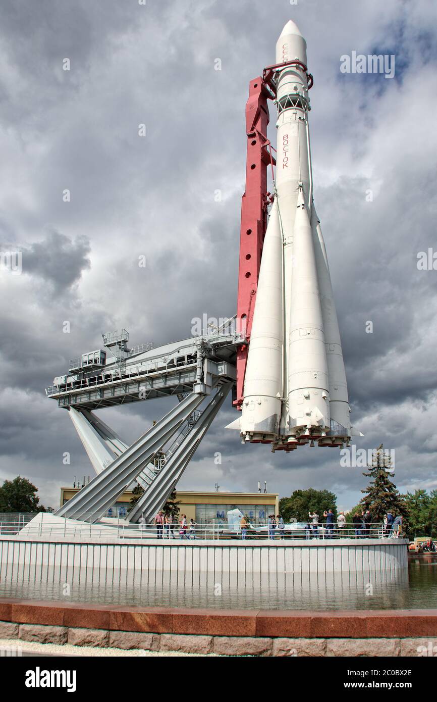 Vostok Rocket Against Grey Cloudsat VDNKh park Stock Photo