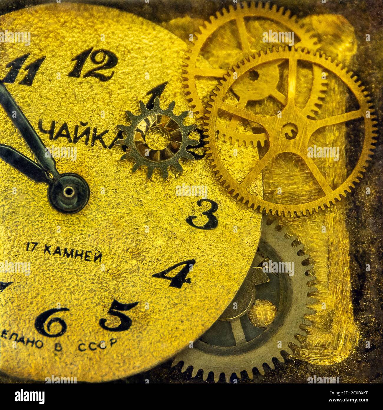 old gold clock mechanism steampunk vintage retro background Stock Photo