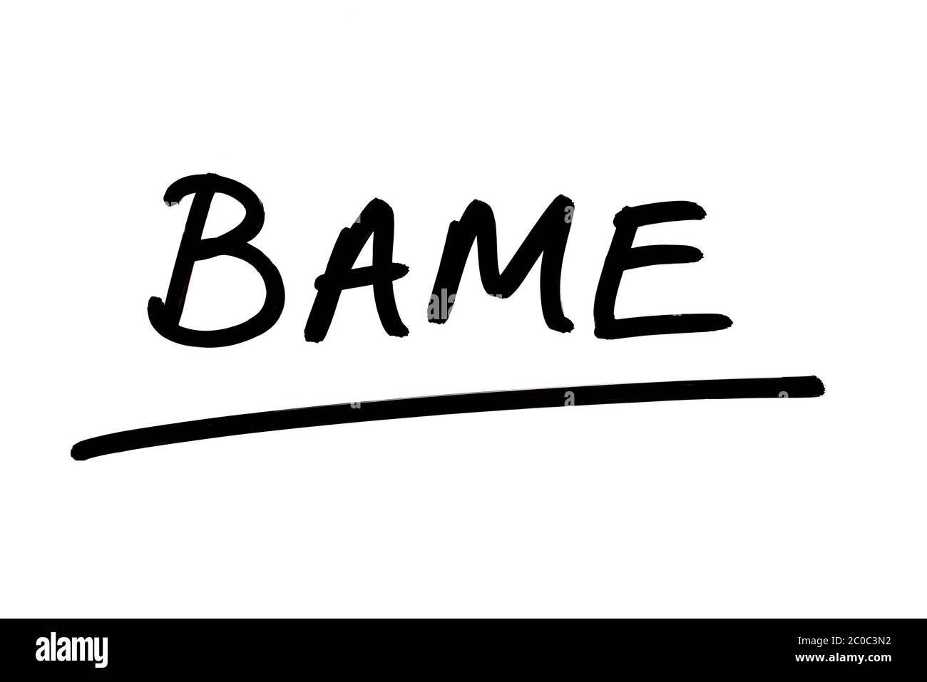 The abbreviation BAME - meaning Black, Asian and Minority Ethnic - handwritten on a white background. Stock Photo