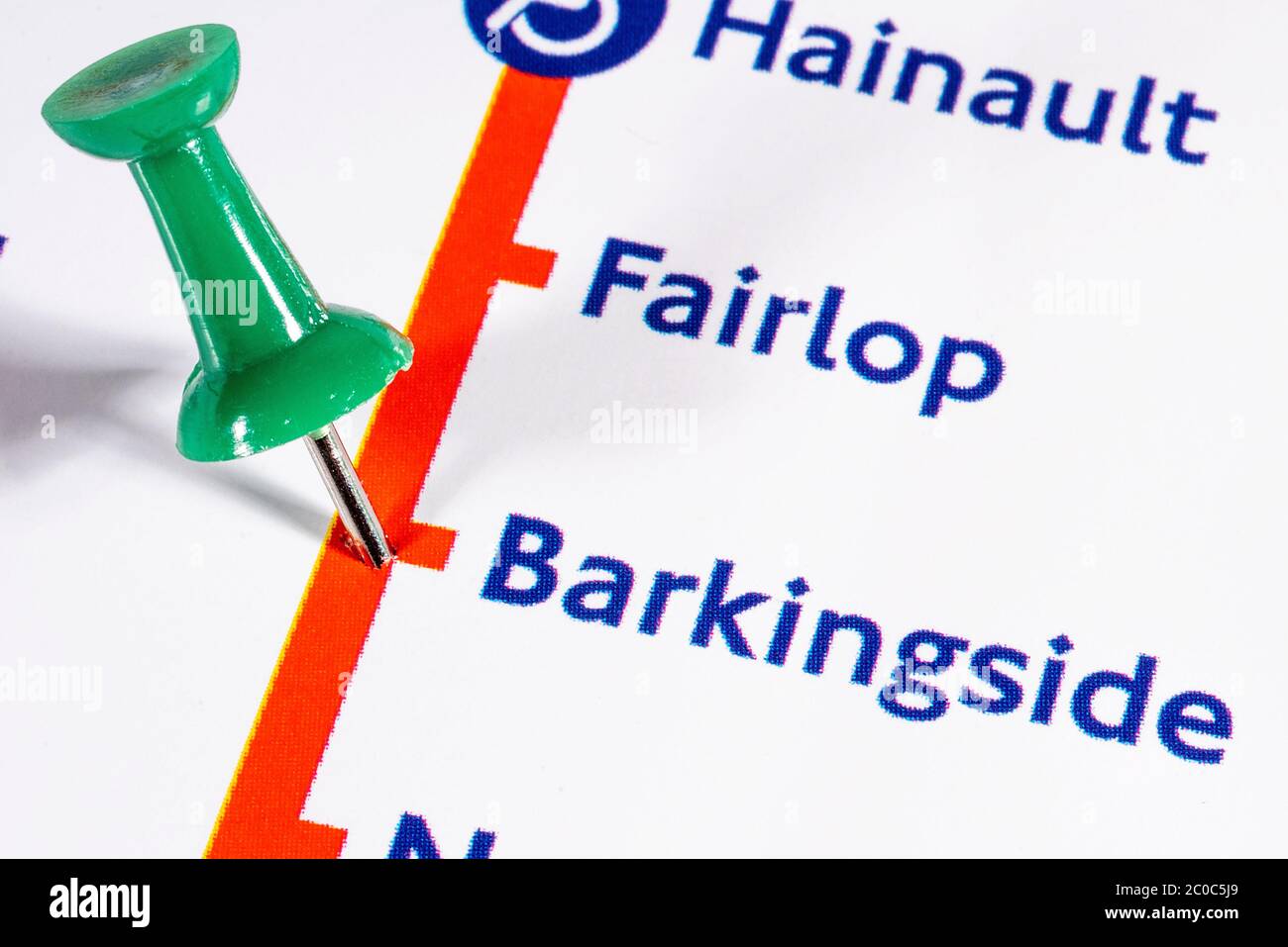 London, UK - June 10th 2020: A map pin marking the location of Barkingside Station on a London Underground tube Map Stock Photo