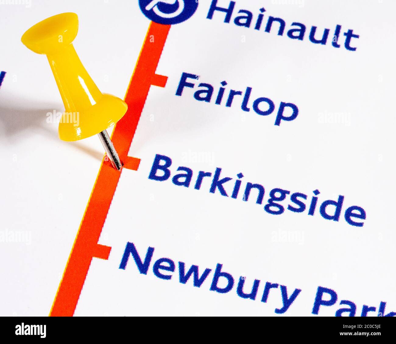 London, UK - June 10th 2020: A map pin marking the location of Barkingside Station on a London Underground tube Map Stock Photo