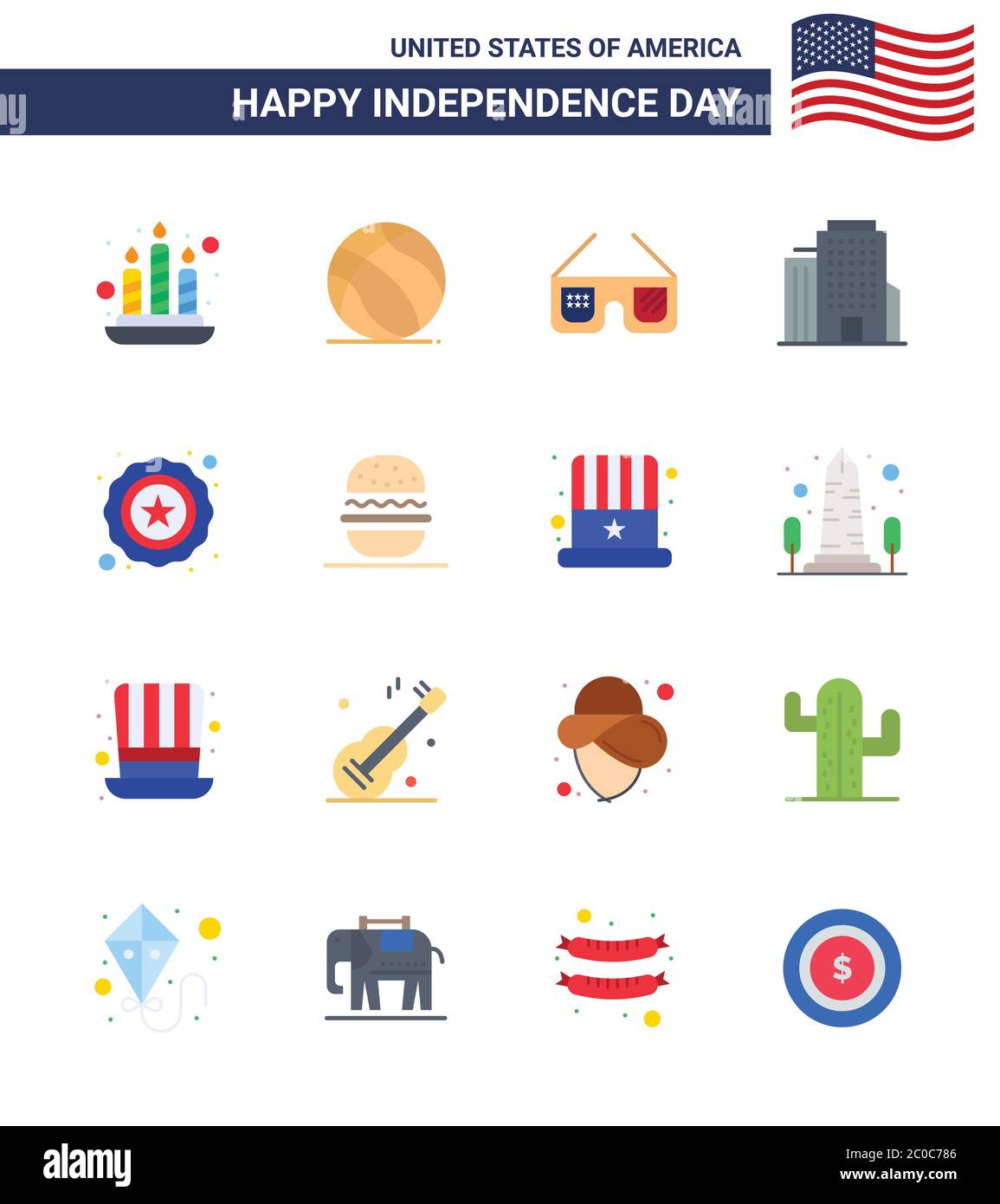 Modern Set of 16 Flats and symbols on USA Independence Day such as burger; star; glasses; police; office Editable USA Day Vector Design Elements Stock Vector