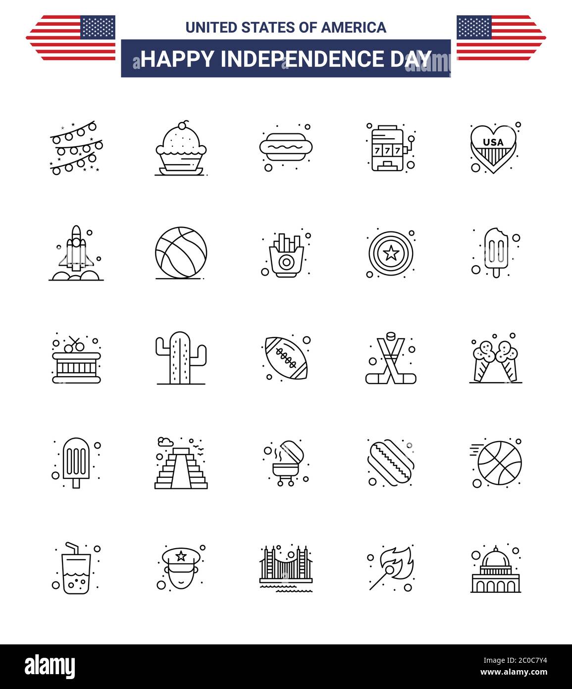 Pack of 25 creative USA Independence Day related Lines of heart; game; hot dog; slot; casino Editable USA Day Vector Design Elements Stock Vector