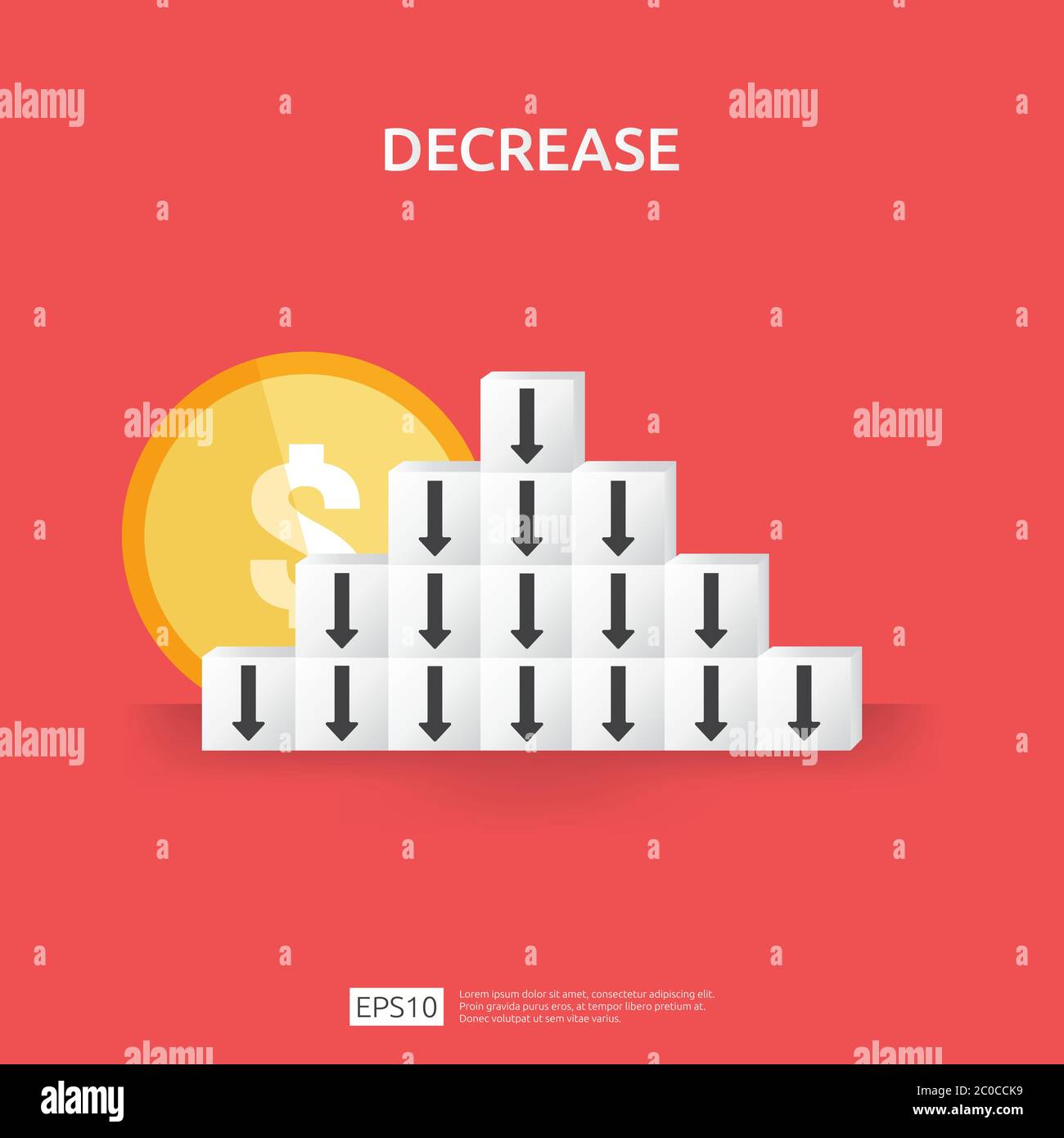 business crisis concept. money fall down with arrow decrease symbol on stacking block. economy