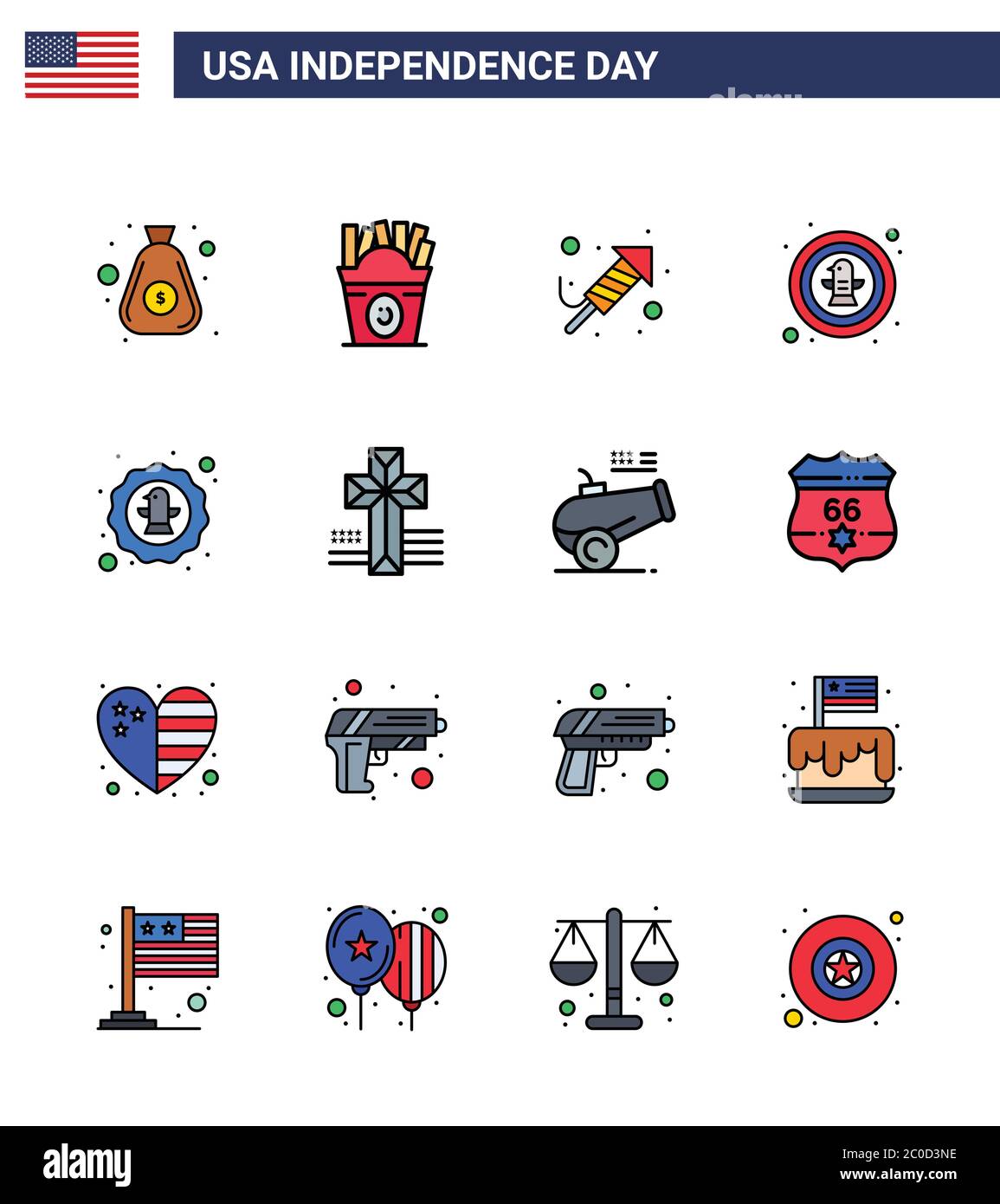 Set of 16 Modern Flat Filled Lines pack on USA Independence Day