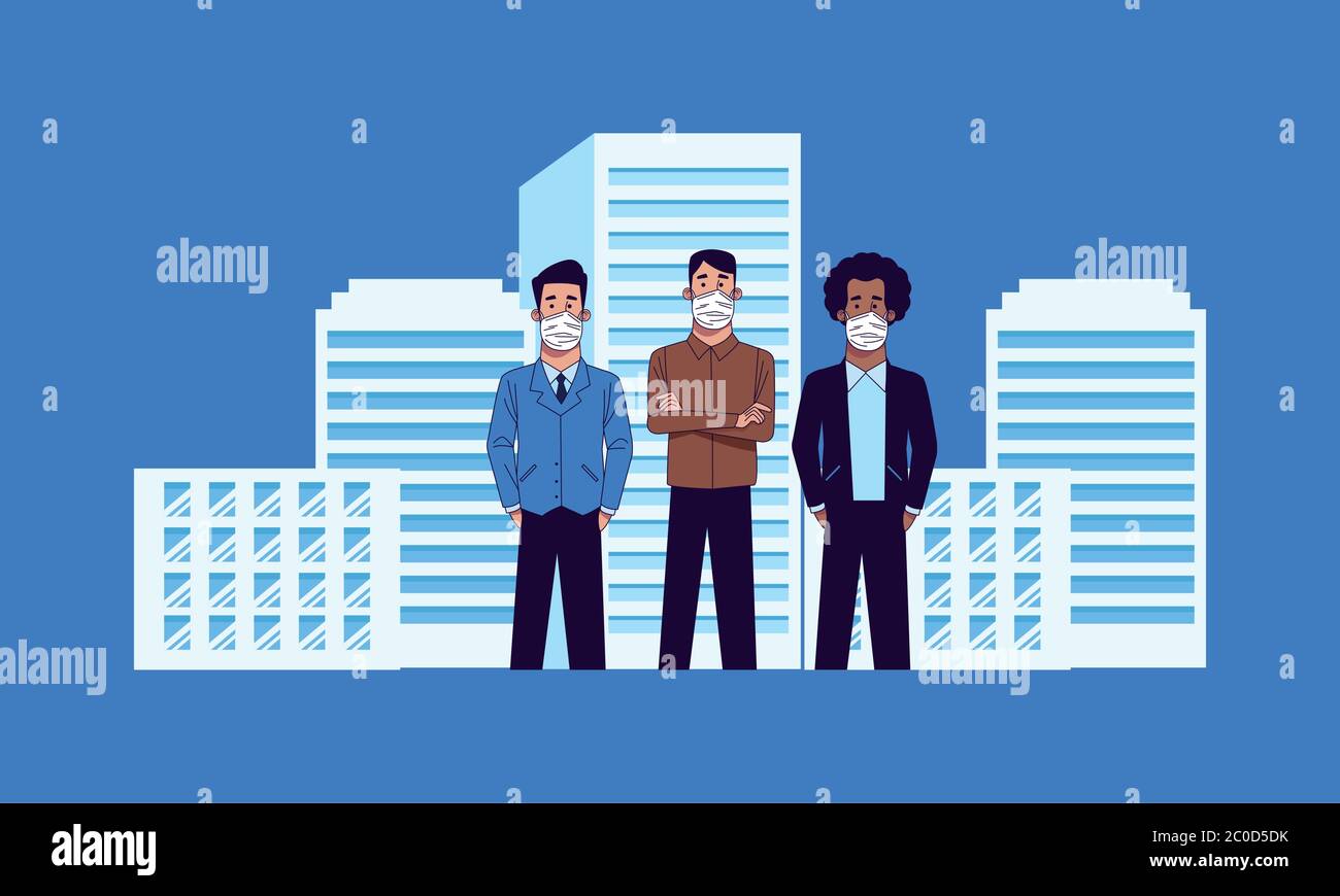 young interracial men wearing medical masks characters vector ...