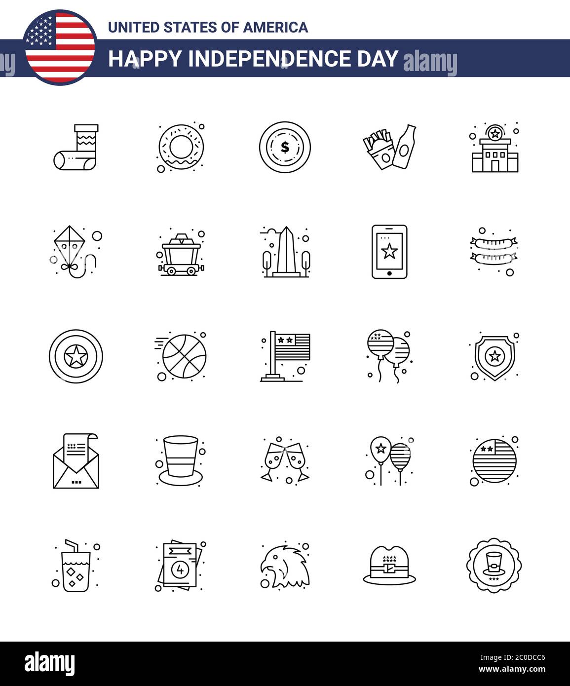 25 Line Signs for USA Independence Day kite; station; dollar; police; american Editable USA Day Vector Design Elements Stock Vector