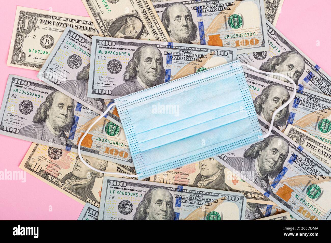 Download Medical Mask And Cash Money One Hundred Dollars Bills On Pink Background Flat Lay Top View Overhead Mockup Template Concept Of Financial Crisis Stock Photo Alamy