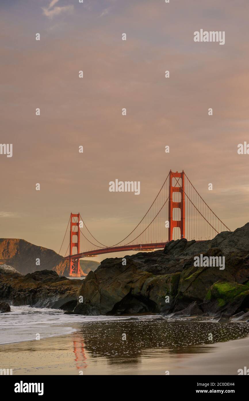 Sunrise Over Baker Beach and Golden Gate Bridge at dawn Stock Photo Alamy