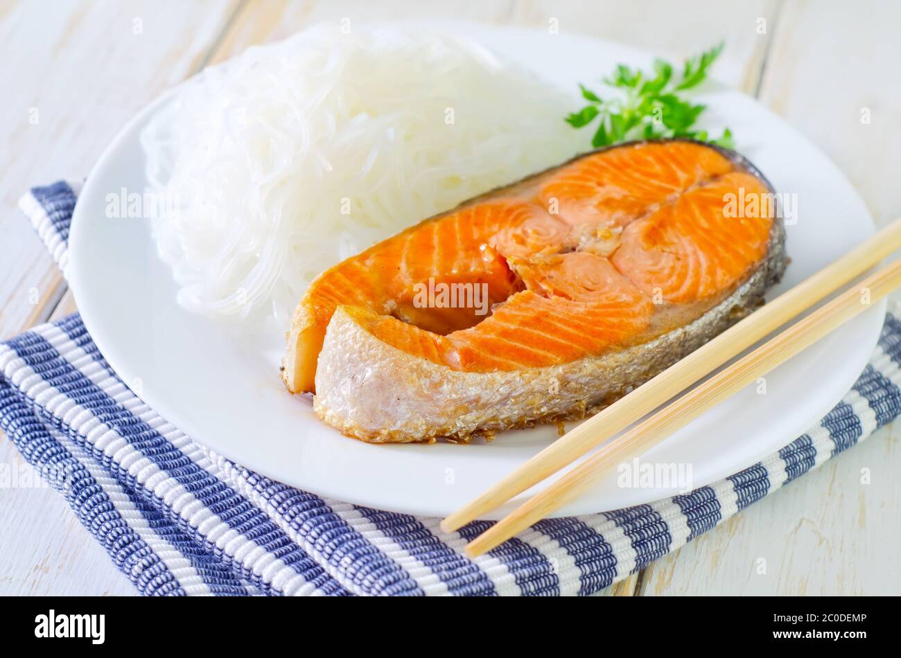 salmon with rice noodles Stock Photo - Alamy