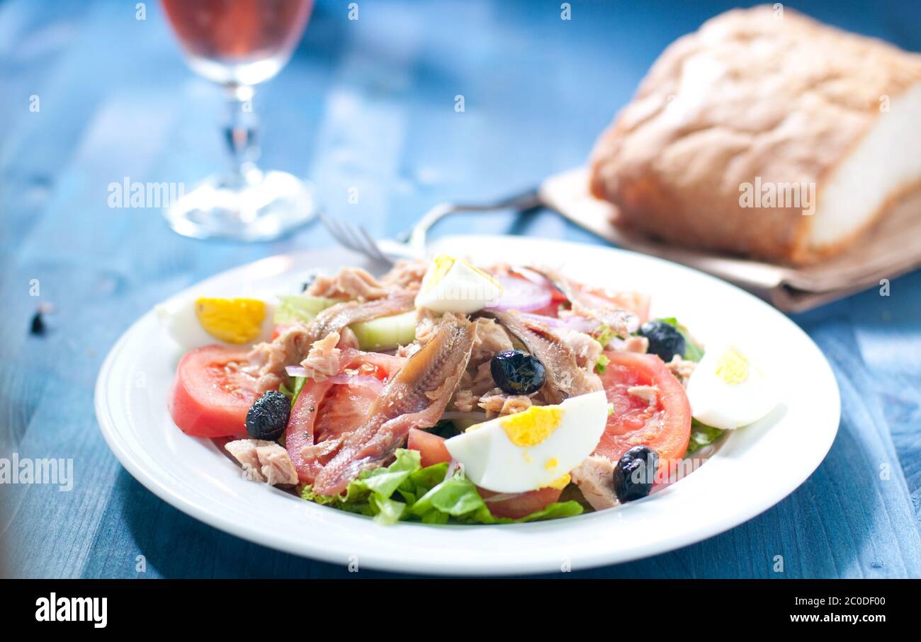 Nicoise salad with egg , anchovies , onions , lettuce and tuna Stock
