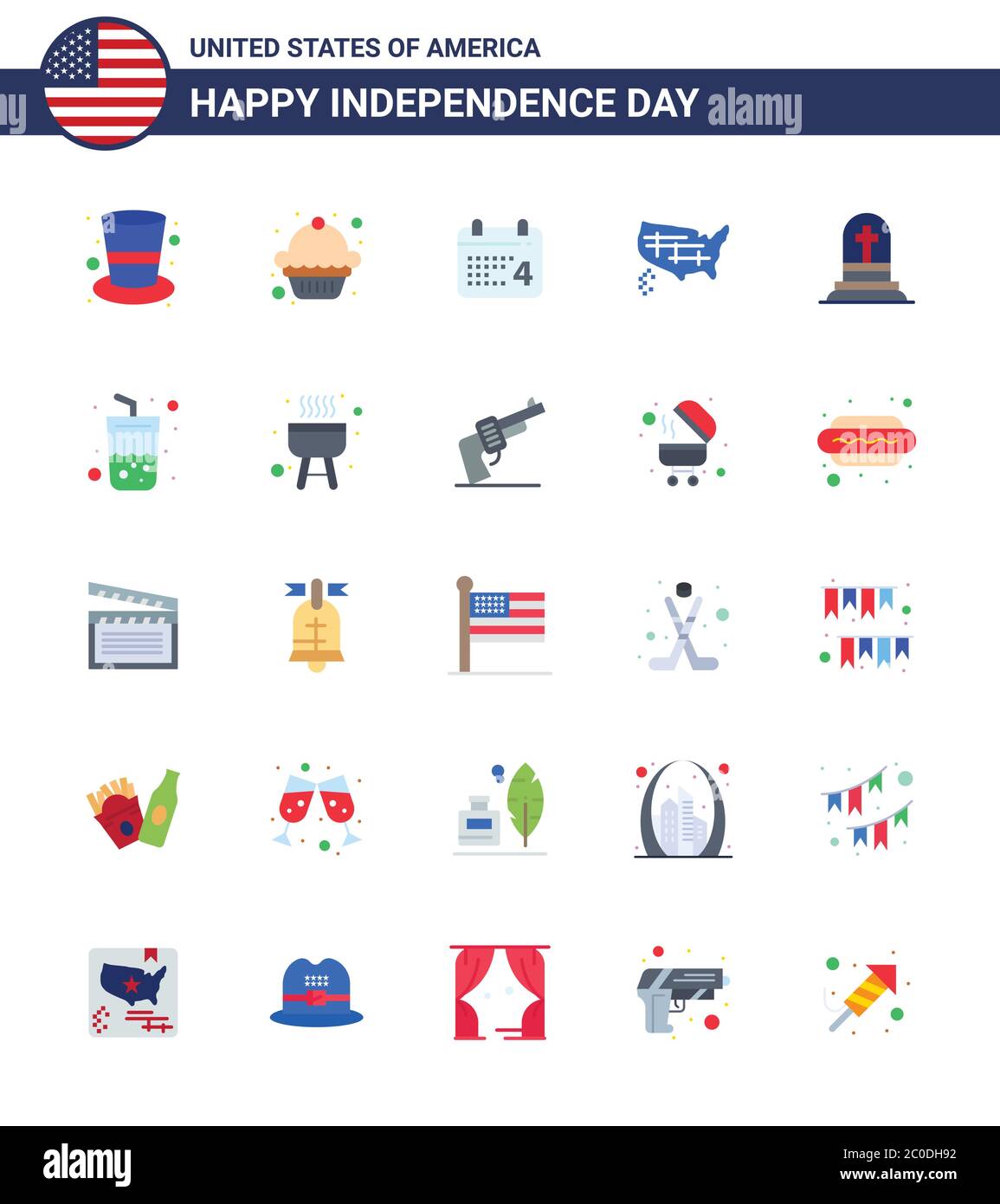 USA Happy Independence DayPictogram Set of 25 Simple Flats of gravestone; death; day; usa; states Editable USA Day Vector Design Elements Stock Vector