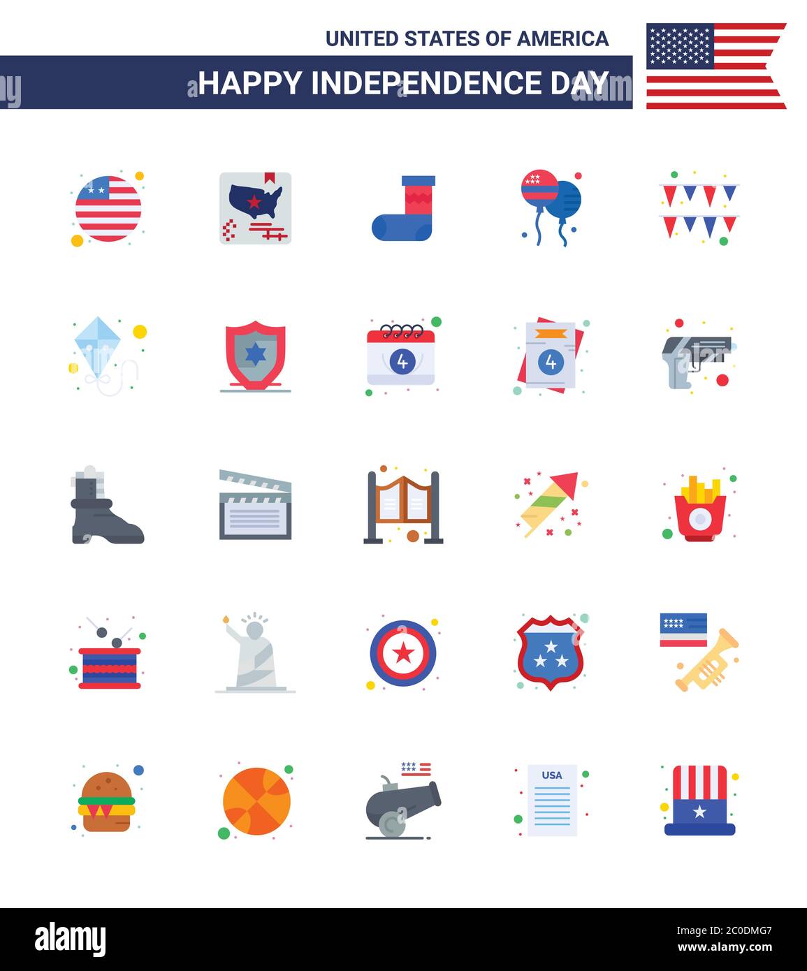 Pack of 25 creative USA Independence Day related Flats of paper; festival; christmas; american; bloons Editable USA Day Vector Design Elements Stock Vector