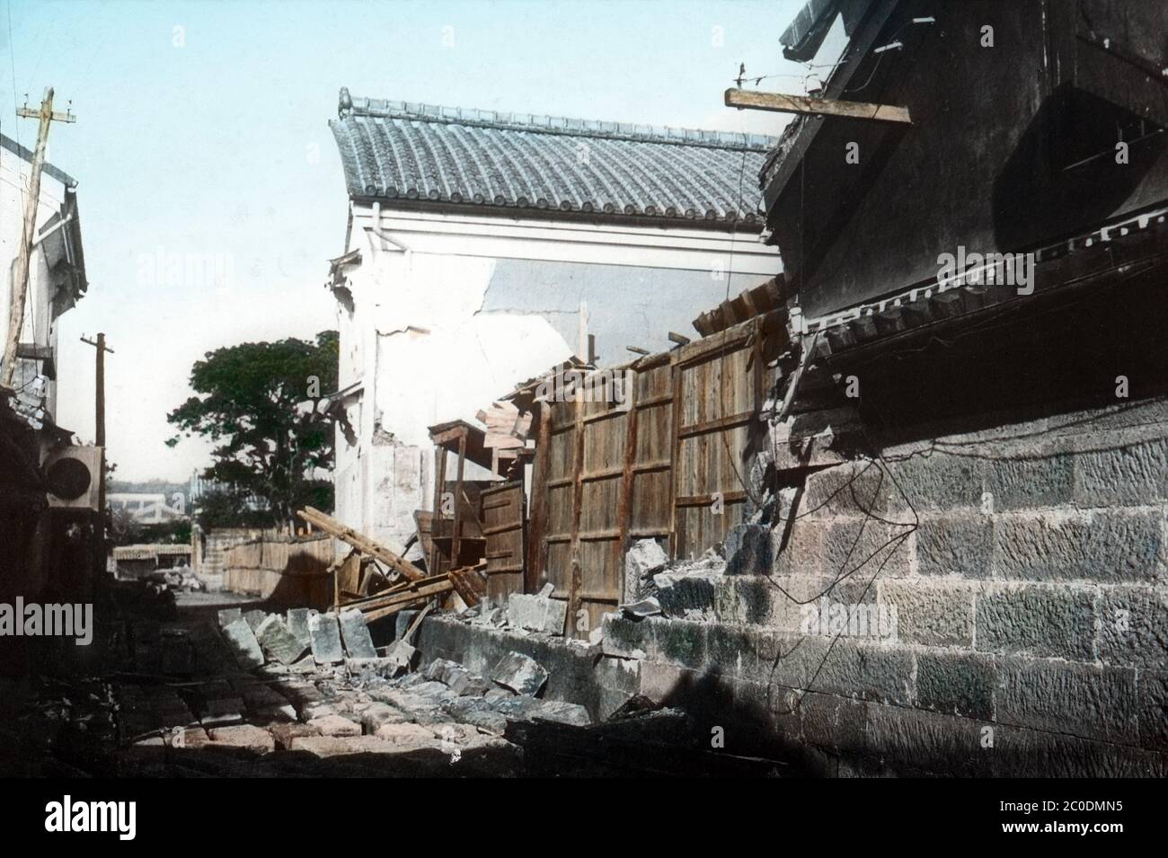 [ 1900s Japan - Earthquake Damage ] — Earthquake damage to a private Japanese home.  20th century vintage glass slide. Stock Photo