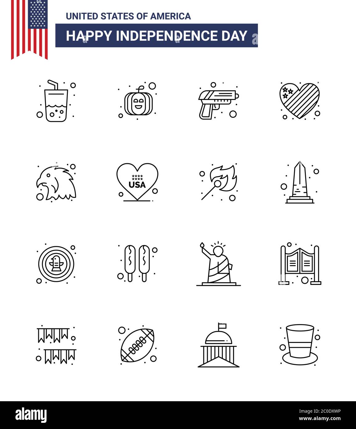 Set of 16 Modern Lines pack on USA Independence Day eagle; animal; security; love; flag Editable USA Day Vector Design Elements Stock Vector
