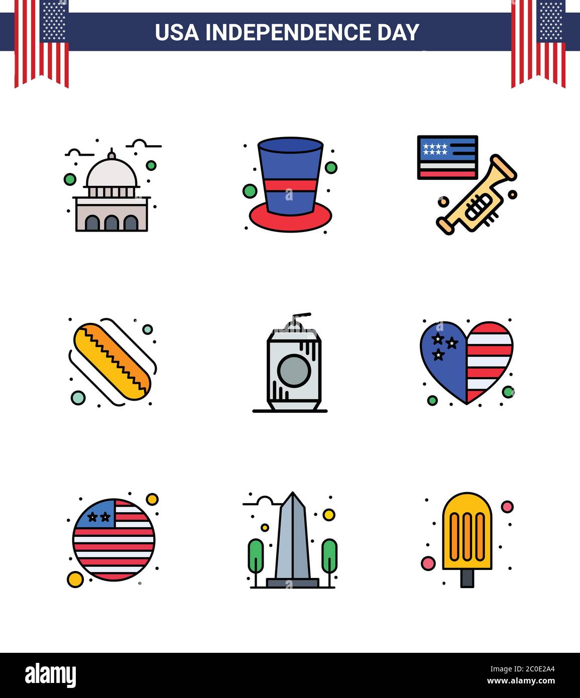 Group of 9 Flat Filled Lines Set for Independence day of United States of America such as cola; states; magic hat; hotdog; american Editable USA Day V Stock Vector