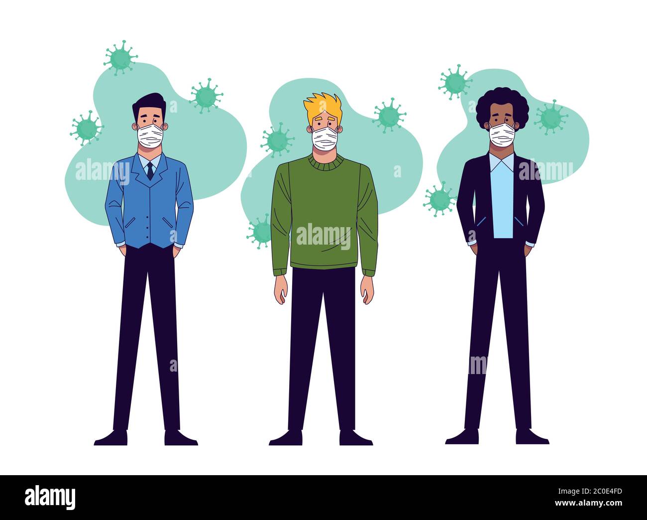 young interracial men wearing medical masks characters vector ...