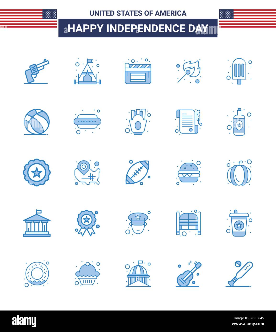 Group of 25 Blues Set for Independence day of United States of America such as football; food; movies; cream; match Editable USA Day Vector Design Ele Stock Vector