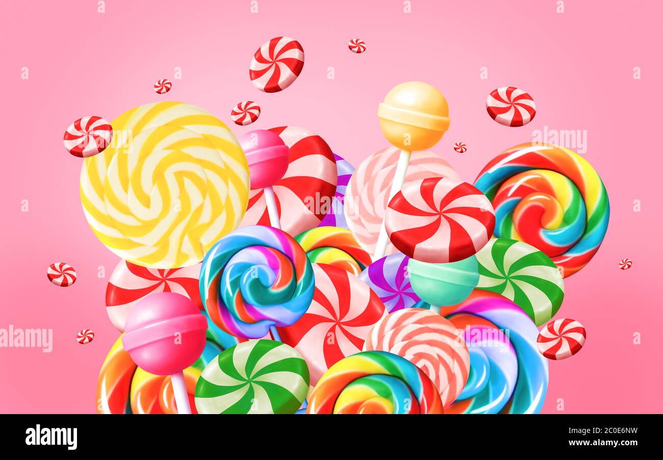 Bright sweet food background with candies and lollypops Stock Photo