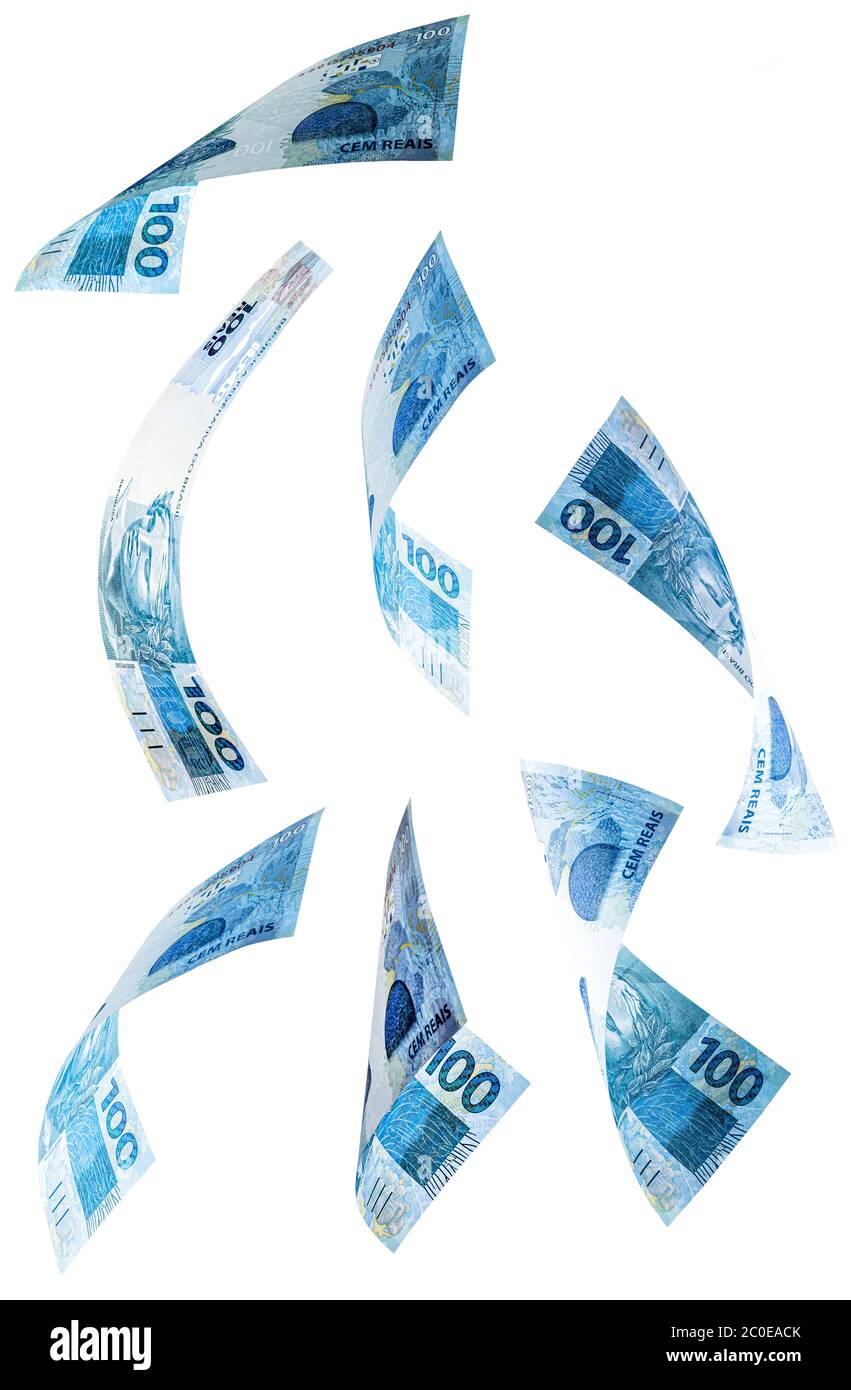 banknotes of one hundred reais from brazil falling on isolated white ...