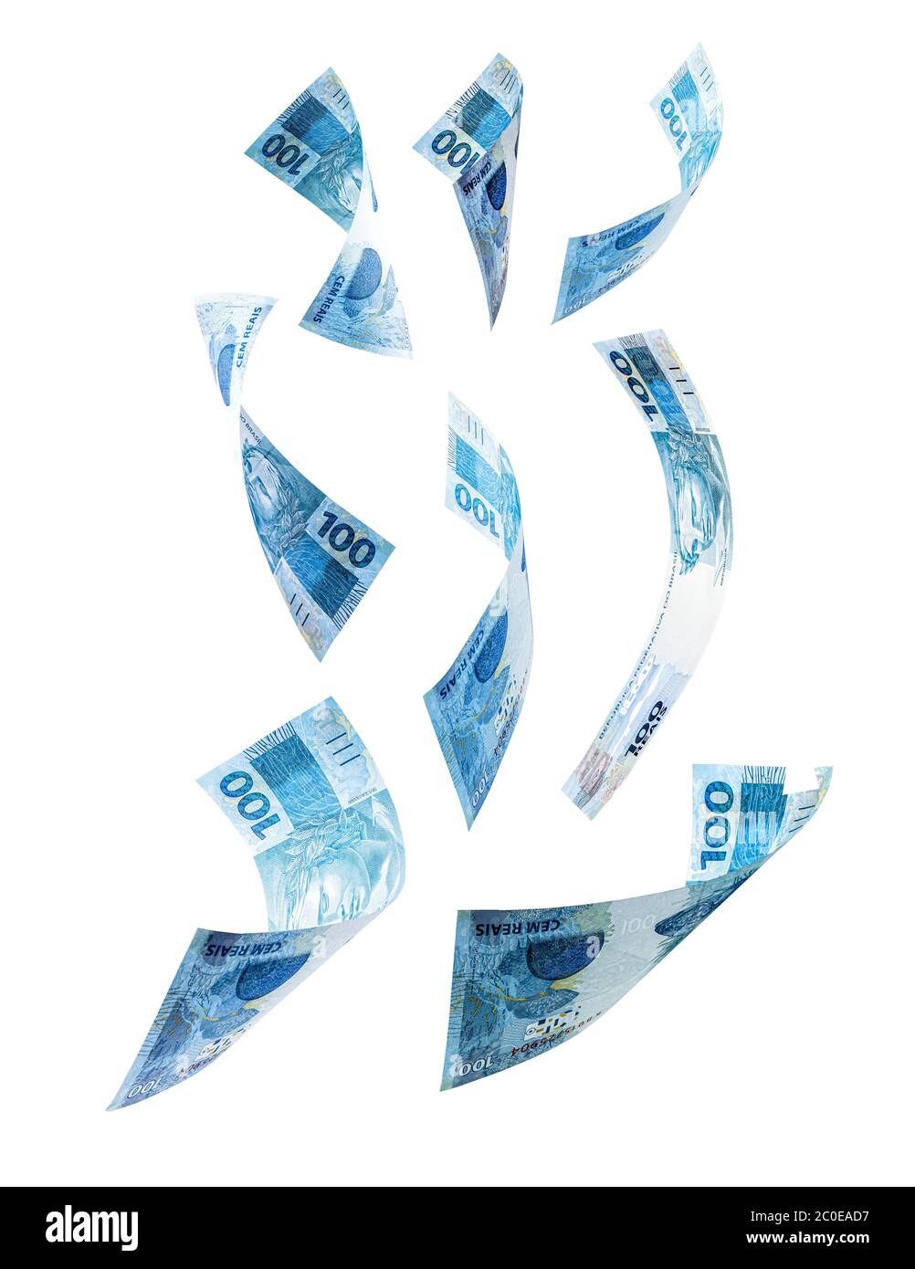 banknotes of one hundred reais from brazil falling on isolated white ...