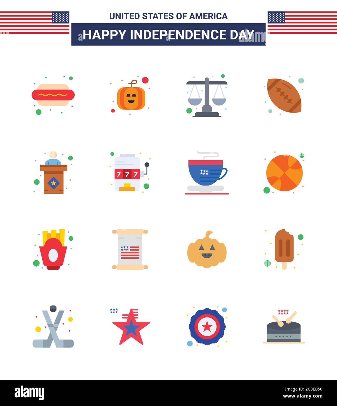 Flat Pack of 16 USA Independence Day Symbols of stage; usa; justice; american ball; rugby Editable USA Day Vector Design Elements Stock Vector