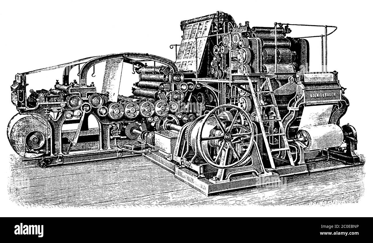 Newspaper rotation machine by Koenig & Bauer. Illustration of the 19th century. White background. Stock Photo