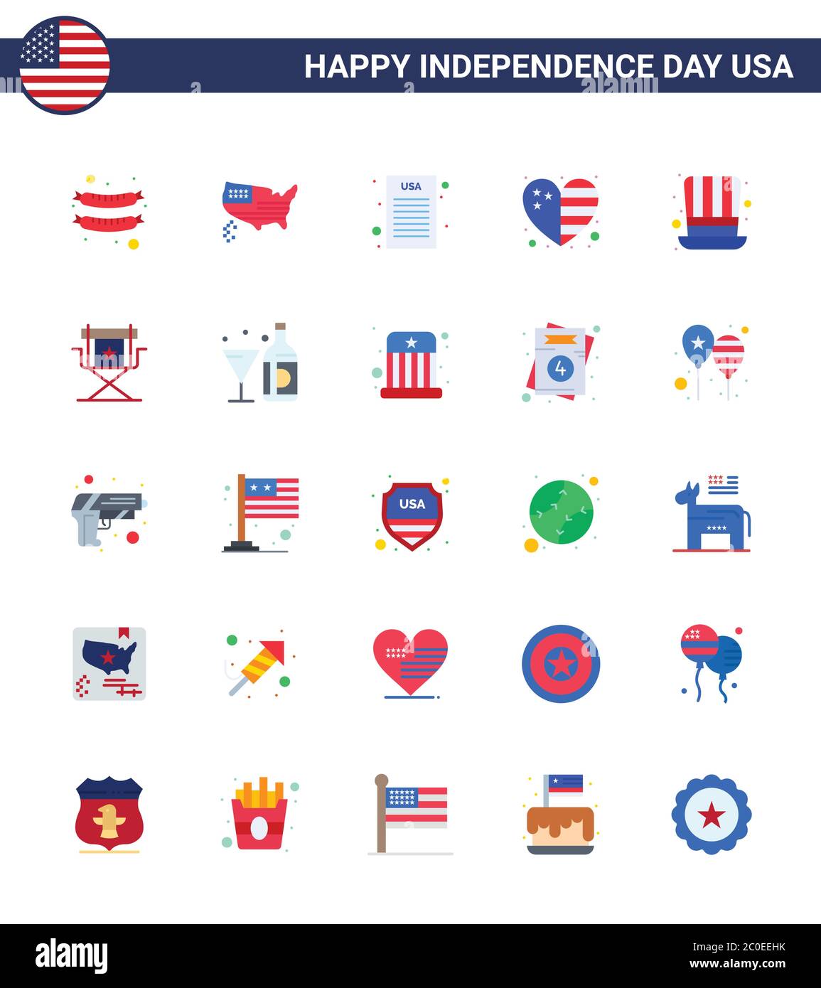 Modern Set of 25 Flats and symbols on USA Independence Day such as usa; hat; declaration of independence; day; flag Editable USA Day Vector Design Ele Stock Vector
