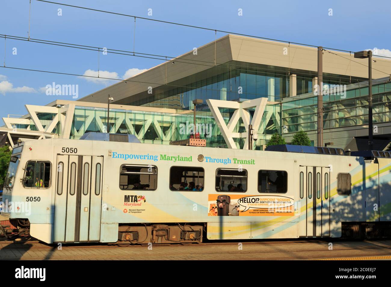 Light rail & Convention Center, Baltimore, Maryland, USA Stock Photo