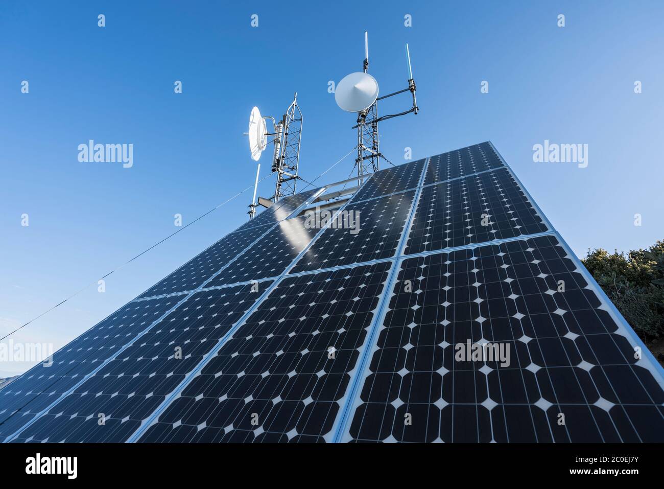 Solar communication equipment on top of Josephine Peak in the San Gabriel Mountains and Angeles National Forest near Los Angeles, California. Stock Photo