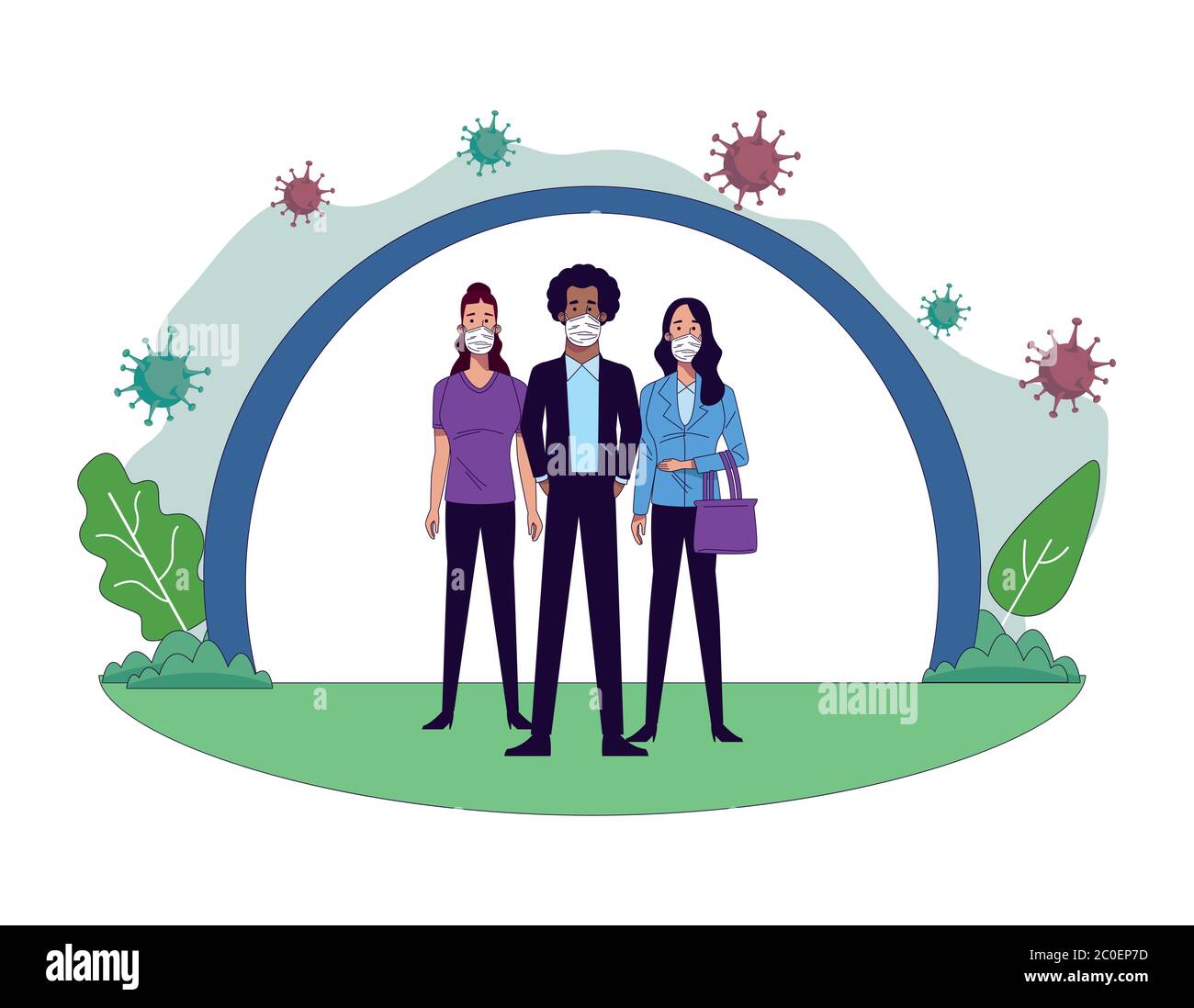 young interracial people wearing medical masks characters vector ...