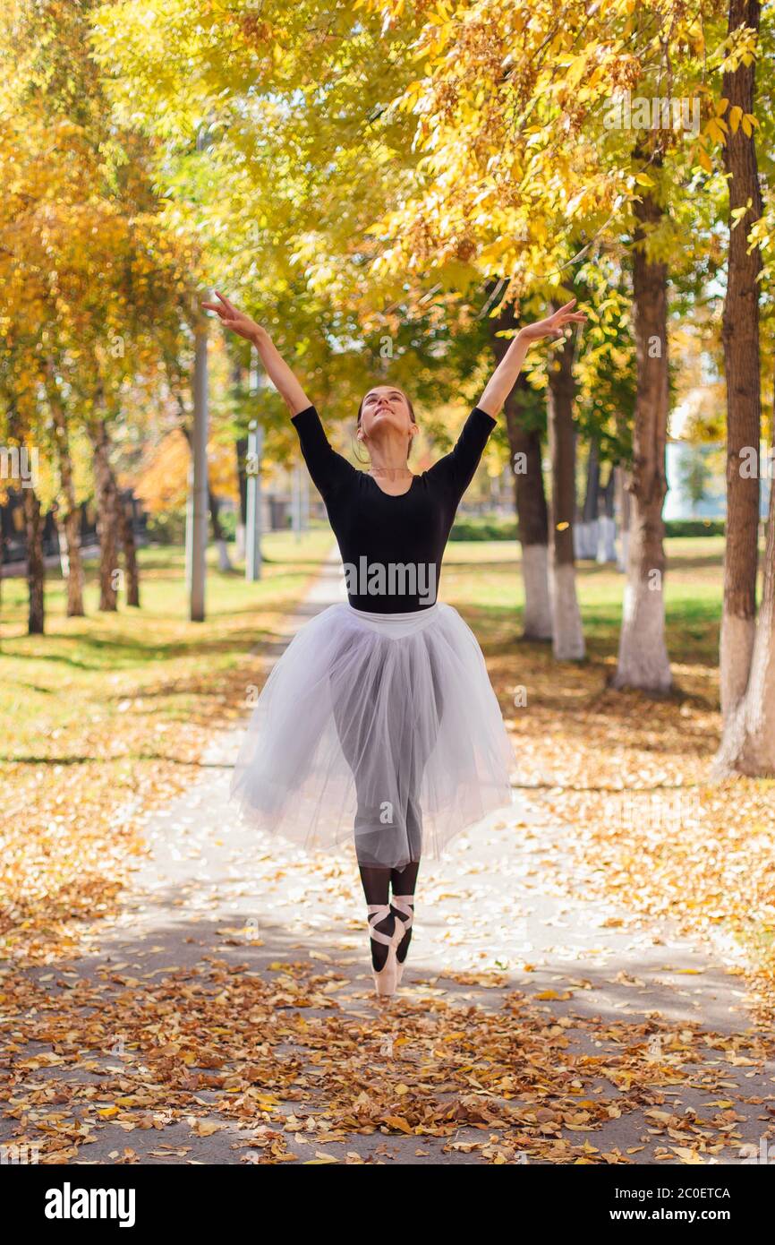 Woman ballerina in a white ballet skirt dancing in pointe shoes in a golden autumn park on dry yellow leaves Stock Photo Alamy