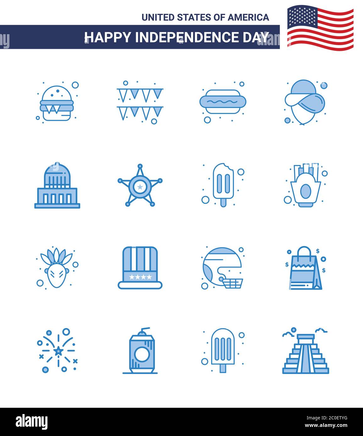 Modern Set of 16 Blues and symbols on USA Independence Day such as usa; city; dog; building; cowboy Editable USA Day Vector Design Elements Stock Vector