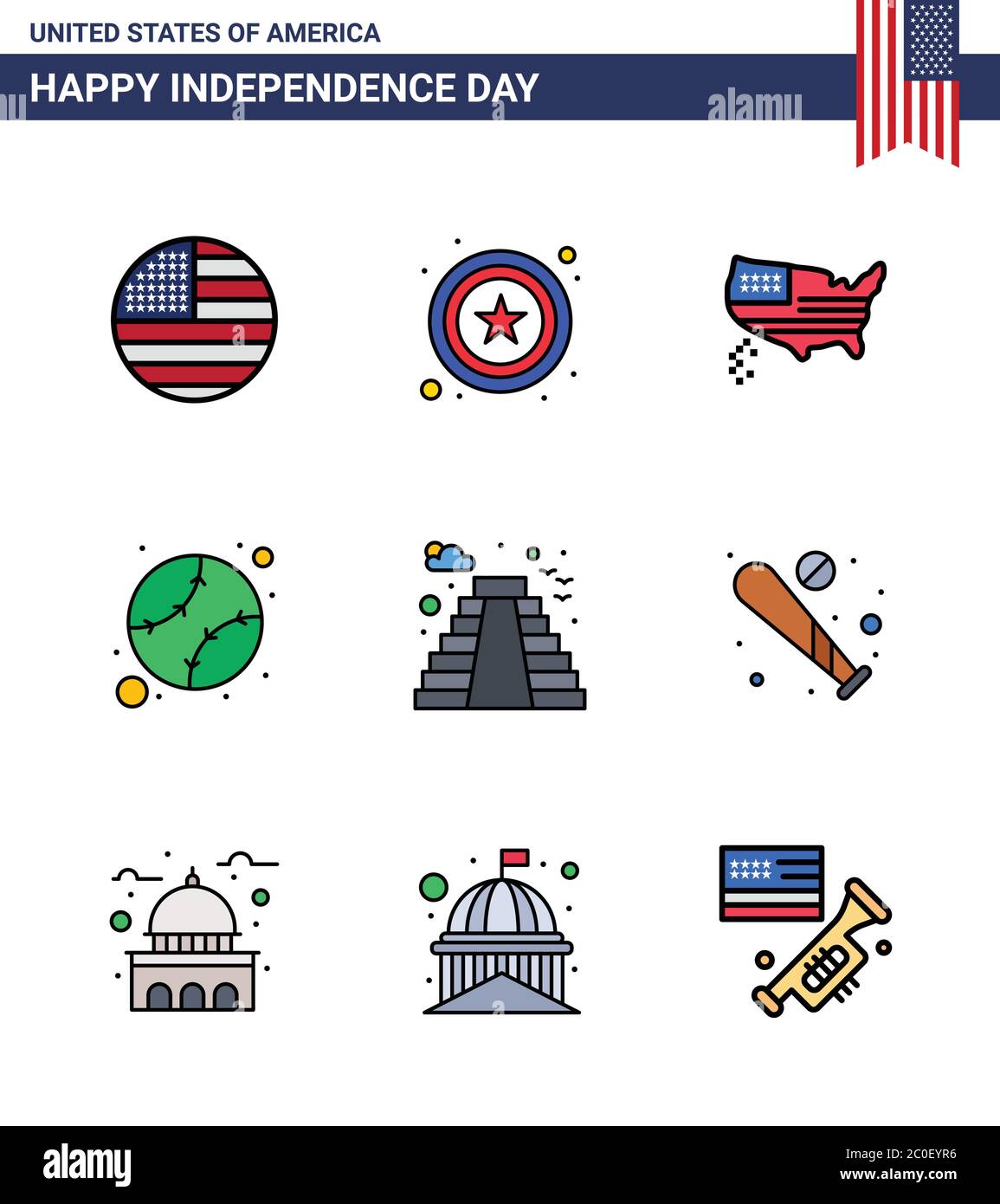 Pack of 9 creative USA Independence Day related Flat Filled Lines of landmark; american; map; united; baseball Editable USA Day Vector Design Elements Stock Vector