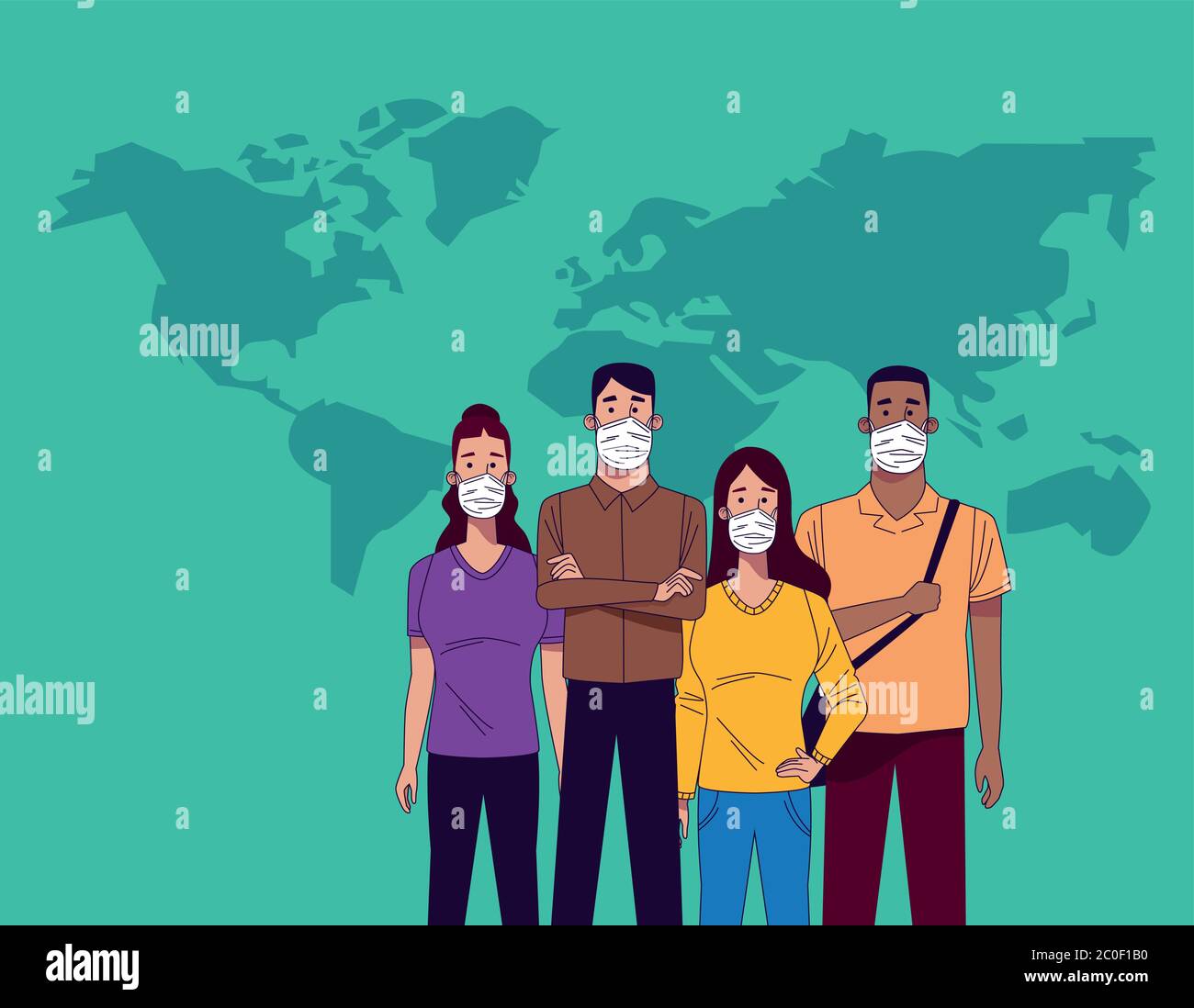 young interracial people wearing medical masks characters vector ...