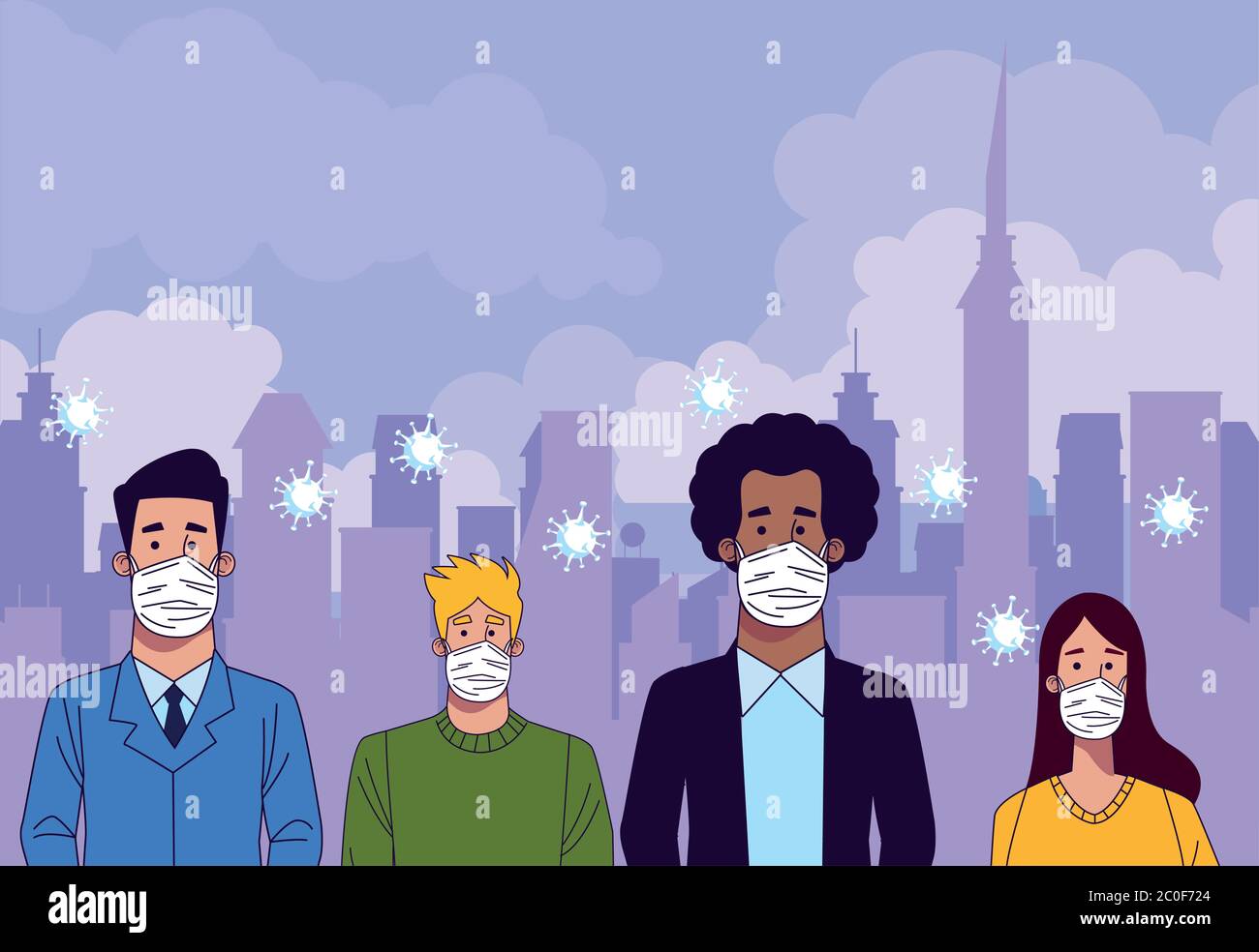 young interracial people wearing medical masks characters vector ...