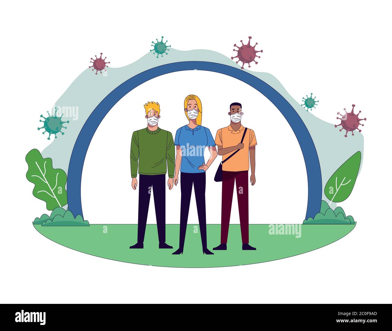 young interracial people wearing medical masks characters vector ...