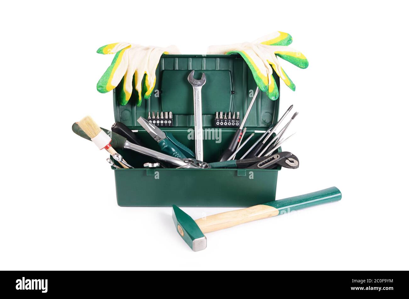 Box with construction tools isolated Stock Photo
