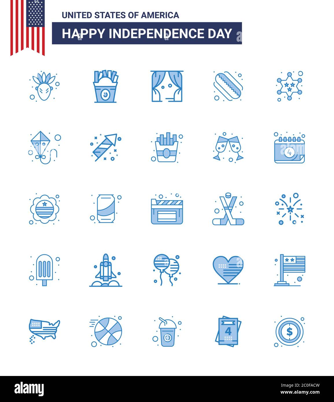 Happy Independence Day USA Pack of 25 Creative Blues of star; military; leisure; badge; hotdog Editable USA Day Vector Design Elements Stock Vector