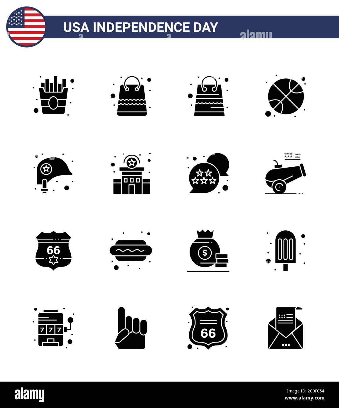 Stock Vector Icon Pack of American Day 16 Solid Glyph Signs and Symbols for station; building; ball; star; helmet Editable USA Day Vector Design Eleme Stock Vector