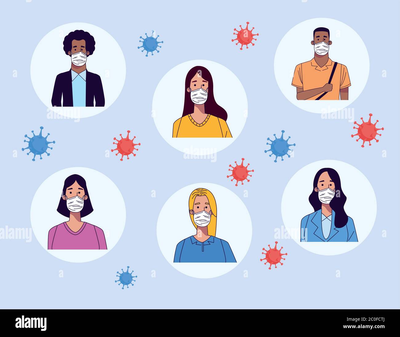 young interracial people wearing medical masks characters vector ...