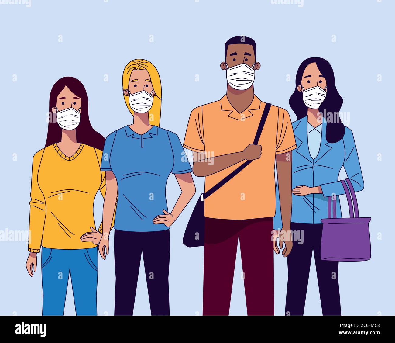 young interracial people wearing medical masks characters vector ...