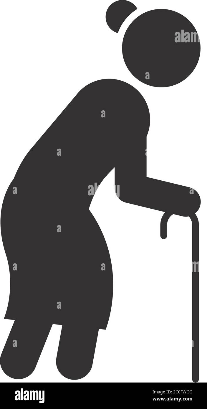 pictogram old woman walking with a cane over white background, silhouette style, vector illustration Stock Vector