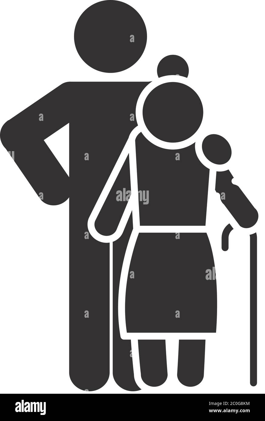 pictogram man with old woman with a cane over white background, silhouette style, vector illustration Stock Vector