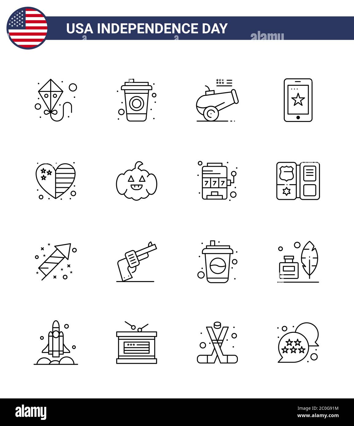 16 USA Line Pack of Independence Day Signs and Symbols of usa; country; howitzer; heart; cell Editable USA Day Vector Design Elements Stock Vector