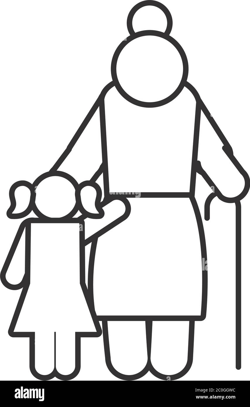pictogram old woman and little girl over white background, line style, vector illustration Stock Vector