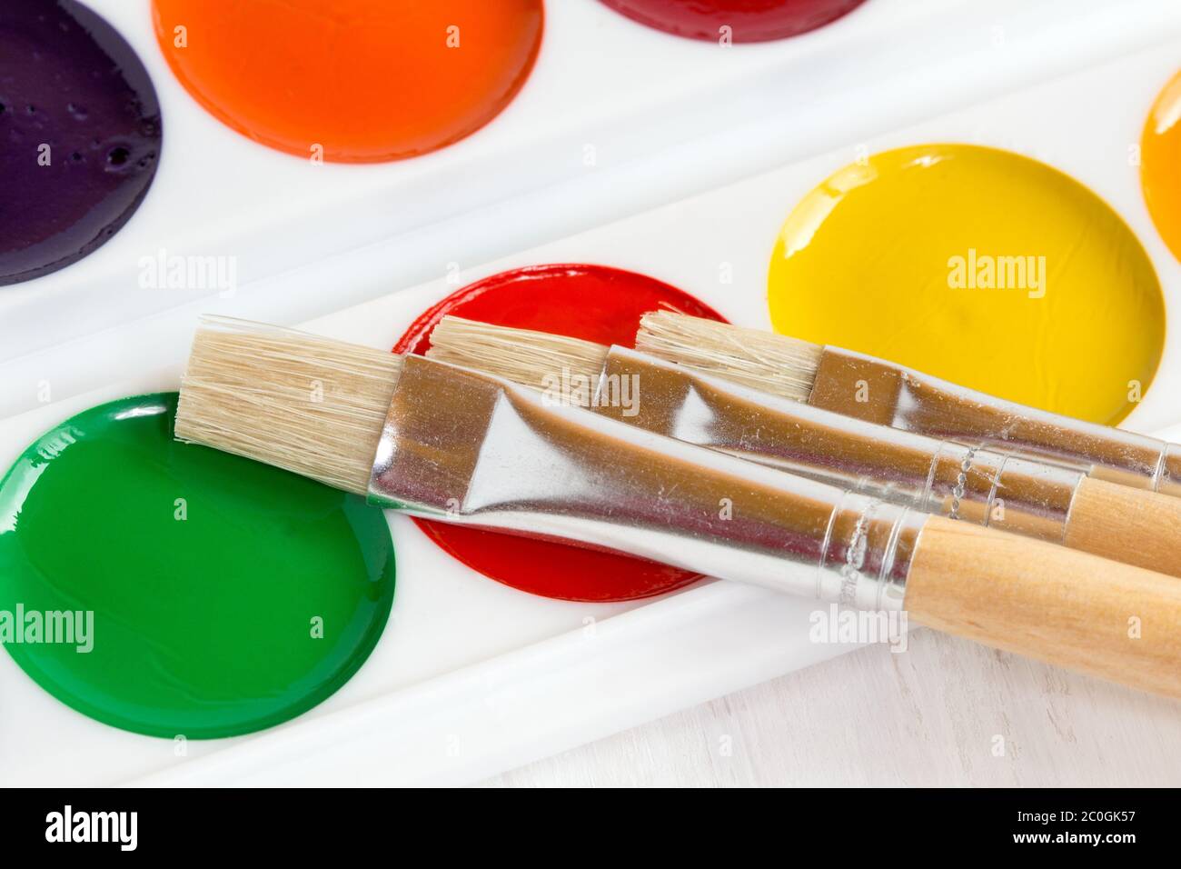 Palette of watercolor paints with paint brushes Stock Photo Alamy