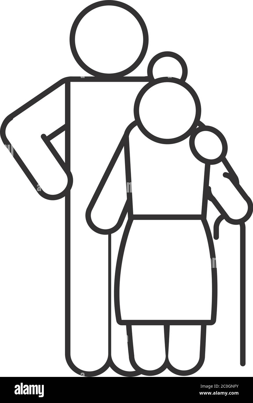 pictogram man with old woman with a cane over white background, line style, vector illustration Stock Vector